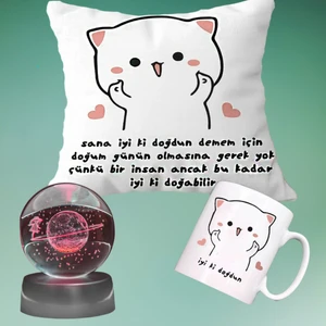 Iyi Ki Doğdun Doğum Günü Yastık & Kupa & 3D Samanyolu Temalı Satürn Kız Işıklı Cam Küre