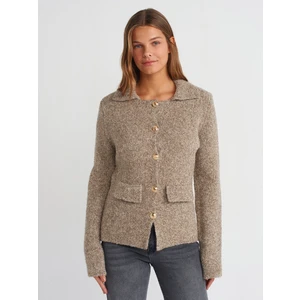 60265 Polo Yaka Düğmeli Cep Detaylı Triko Hırka-Vizon