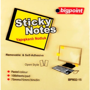 | Yapışkanlı Not Kağıdı, 100 Yapraklı Kurumayan - Tekrar Yapıştırılabilen Postit, Sarı, 75 x 75 mm