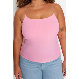 Moda Büyük Beden Kare Yaka Örme Fit Düz Desen Casual Günlük Crop Askılı Kol Bluz