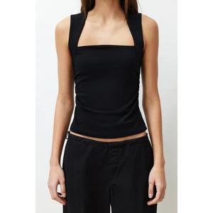 Moda Kare Yaka Örme Slim Düz Desen Casual Günlük Regular Askılı Kol Bluz