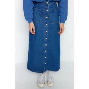 Moda Yüksek Bel Düz Desen Günlük Maxi Boy Koyu Indigo Çift Cepli Yüksek Bel Denim Kot Etek