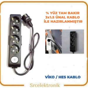 Multi-Let 4 Lü  Siyah (1 ile 10 Metre Arası) Anahtarlı Topraklı Çocuk Korumalı Uzatma ( 3x1.5 Ünal Kablo Tam Bakır) Ttr Kablo Tseli HO5VV-F