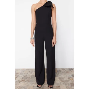 Kadın Moda Tek Kol Geniş Paça Asimetrik Yaka Düz Desen Regular Fiyonk Detaylı Tek Kol Dokuma Tulum