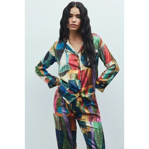 Feu De Elu Amour Saten Coloré Desenli Uzun Pijama Takımı