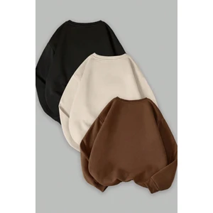 Kadın Siyah Bej Kahverengi Düz Bisiklet Yaka 3lü Sweatshirt Set