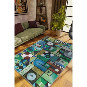 İyi Hal Geometrik Desenli Salon Halısı Yeşil Oturma Odası Halısı Dekoratif Halı Modern Halı