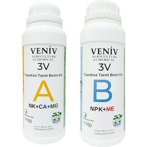 Veniv Agriculture 3V Topraksız Tarım Besin Seti(A+B) 2l- 100 Litre Konsantre
Hobi amaçlı bir çözelti karışımdır. Gübre değildir.