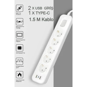 Termal Akım Korumalı Uzatma Kablolu Priz 5'lü Priz Soketli 2 Usb'li 1 Type-C Girişli Dirençli Kablo