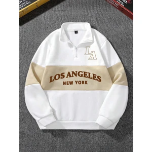 Unisex Bej Los Angeles Baskılı Oversize Parçalı Polo Yaka Fermuarlı Sweatshirt
