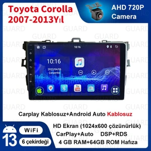 Toyota Corolla 2007-2013 Yıl  4 GB RAM 64 GB Dahili HafızaAndroid Kablosuz Carplay Navigasyon Multimedya 9 Inch Ekran