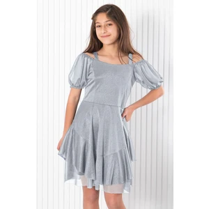 Balon Kol Simli Tül Abiye Gri MDV940