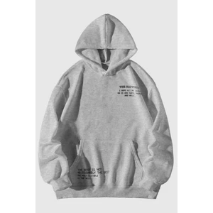 Unisex Gri Happiest Baskılı Oversize Kapşonlu Sweatshirt
