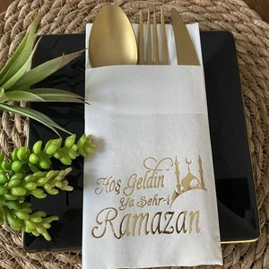Parti Dükkanım Lüks Yaldızlı Peçete 12 Adet 40x40 cm Beyaz Altın Renkli Ramazan Temalı