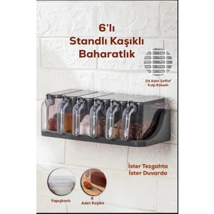 Stantlı 6'lı Siyah Tezgah Üstü Kaşıklı Baharat Takımı Yapışkanlı Duvara Monte