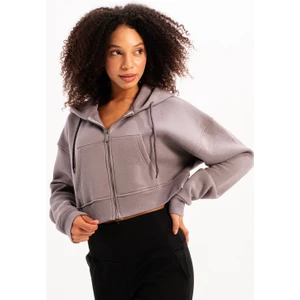 Crop Kapüşonlu Fermuarlı Kanguru Cepli Şardonlu Hoodie Gri Kadın Sweatshirt - Lumen