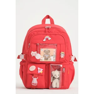 Kawaii Kore Tarzı Okul Çantası Aksesuarlı Kız Çocuk ve Erkek Çocuk Sırt Çantası Kırmızı