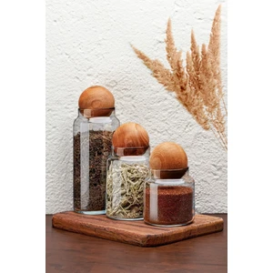 Kitchen Life 3'lü Ahşap Top Kapaklı Cam Kavanoz Seti Şekerlik Çerezlik Baharatlık - Saklama Kabı
