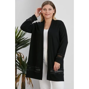 For Esra Bıg Trend Kadın Büyük Beden Kol ve Etek Ucu Güpür Taş Detaylı Ön Açık Örme Midi Boy Esnek Hırka Siyah