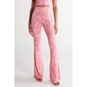Flare Fit Yüksek Bel İspanyol Paça Pembe Desenli Pantolon