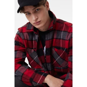 Loose Fit Rahat Kesim Ekose Kırmızı Siyah Şardonlu Uzun Kollu Gömlek