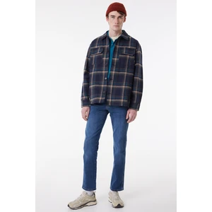 Loose Fit Rahat Kesim Lacivert Ekoseli Shacket Ceket