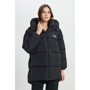 Loose Fit Rahat Kesim Kapüşonlu Uzun Mor Şişme Mont