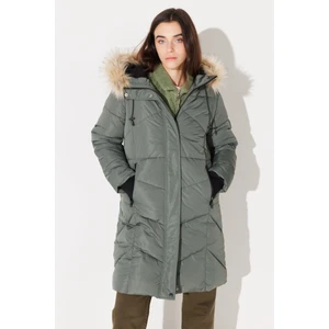 Regular Fit Normal Kesim Kapüşonlu Uzun Haki Şişme Mont