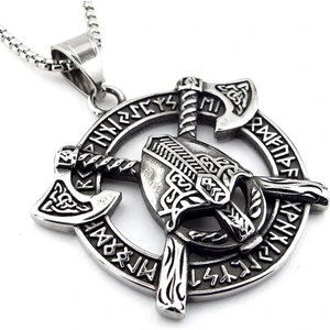 Viking Savaşçı Kaskı Çapraz Balta Iskandinav Rune Titanyum Çelik Erkek Kolye Q0916