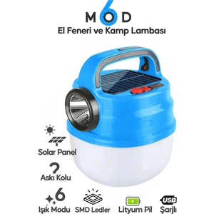 6 Modlu El Feneri ve Kamp Lambası USB & Solar Şarjlı Smd LED Askılı Taşınabilir Işık