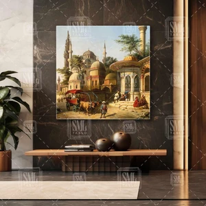 SML Tablo Eski Istanbul Eyüp Semti Kırmızı Fayton Nostaljik Dekor Kare Kanvas Tablo