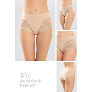 Baykar Kadın Yüksek Bel Yanları Güpürlü Külot 3'lü Set 8924 Ten Rengi