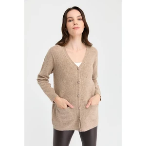 Desen Triko Kadın V Yaka Dikişsiz Önü Baklavalı Düğmeli Yün Hırka K.bej