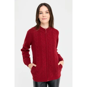 Desen Triko Kadın Dik Yaka Dikişsiz Önü Saç Örgülü Yün Hırka V.kırmızı