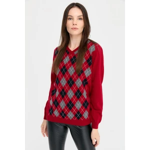 Desen Triko Kadın V Yaka Baklavalı Yün Kazak K.kırmızı
