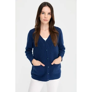Desen Triko Kadın V Yaka Dikişsiz Önü Baklavalı Düğmeli Yün Hırka Indigo