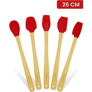 Indigo 5'li Kırmızı Bambu Silikon Spatula Seti Uzun 26 Cm