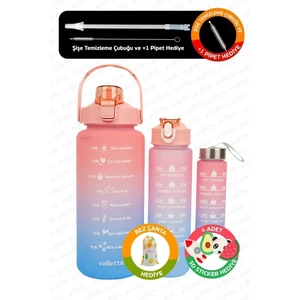 Eldorado 3lü Set BPA İçermez Motivasyonel Su Matarası Pembe-Mavi Su Matarası,Su Şişesi