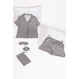 5'li Siyah Beyaz Çizgili Saten Pijama Şort Takım