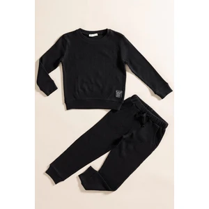 For You Kids 2'li Pamuk Waffle Sweat Jogger Siyah Alt Üst Takım