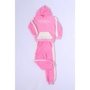 Kız Çocuk Peluş Eşofman Takımı Nakışlı Kapüşonlu D48