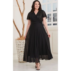 For Esra Big Trend Kadın Kruvaze Yaka Üst Blok Payet Bel Detay Astarlı Yan Fermuar Kapama Şifon Maxi  Abiye Elbise