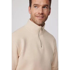 Relax Fit Rahat Kesim Pamuklu Içi Polarlı Yarım Fermuarlı Ekru Dik Yaka Sweatshirt