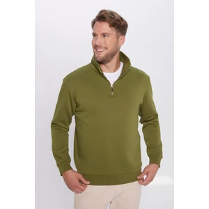 Unisex Relax Fit Rahat Kesim Pamuklu Içi Polarlı Yarım Fermuarlı Haki Dik Yaka Sweatshirt