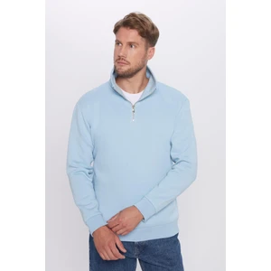 Unisex Relax Fit Rahat Kesim Pamuklu İçi Polarlı Yarım Fermuarlı Mavi Dik Yaka Sweatshirt