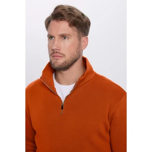 Unisex Relax Fit Rahat Kesim Pamuklu Içi Polarlı Yarım Fermuarlı Kiremit Renk Dik Yaka Sweatshirt