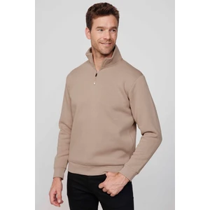 Unisex Relax Fit Rahat Kesim Pamuklu Içi Polarlı Yarım Fermuarlı Taş Renk Dik Yaka Sweatshirt