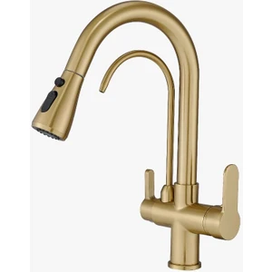 İsaoğlu Yapı Mat Gold Arıtmalı Spiralli Mutfak Bataryası Uzayan Sistem Basınç Ayarlı Mat Altın Armatür