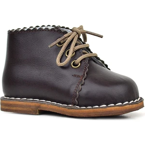 Handmade Hakiki Deri Kahverengi Bağcıklı Kız Bebek Bot