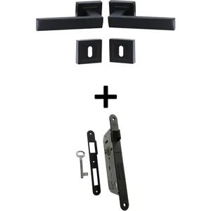 Lama Rozetli Oda Kapı Kolu ve Sesiz Gömme Kilit Mat Siyah 1 Kapılık Takım Siyah Kapı Kilidi 40MM